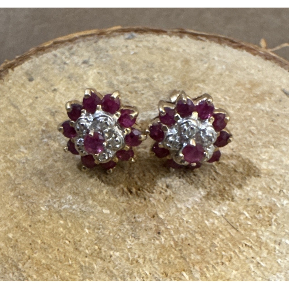 Vintage 14k Gold Ruby and Diamond Cluster Stud Earrings | Signed